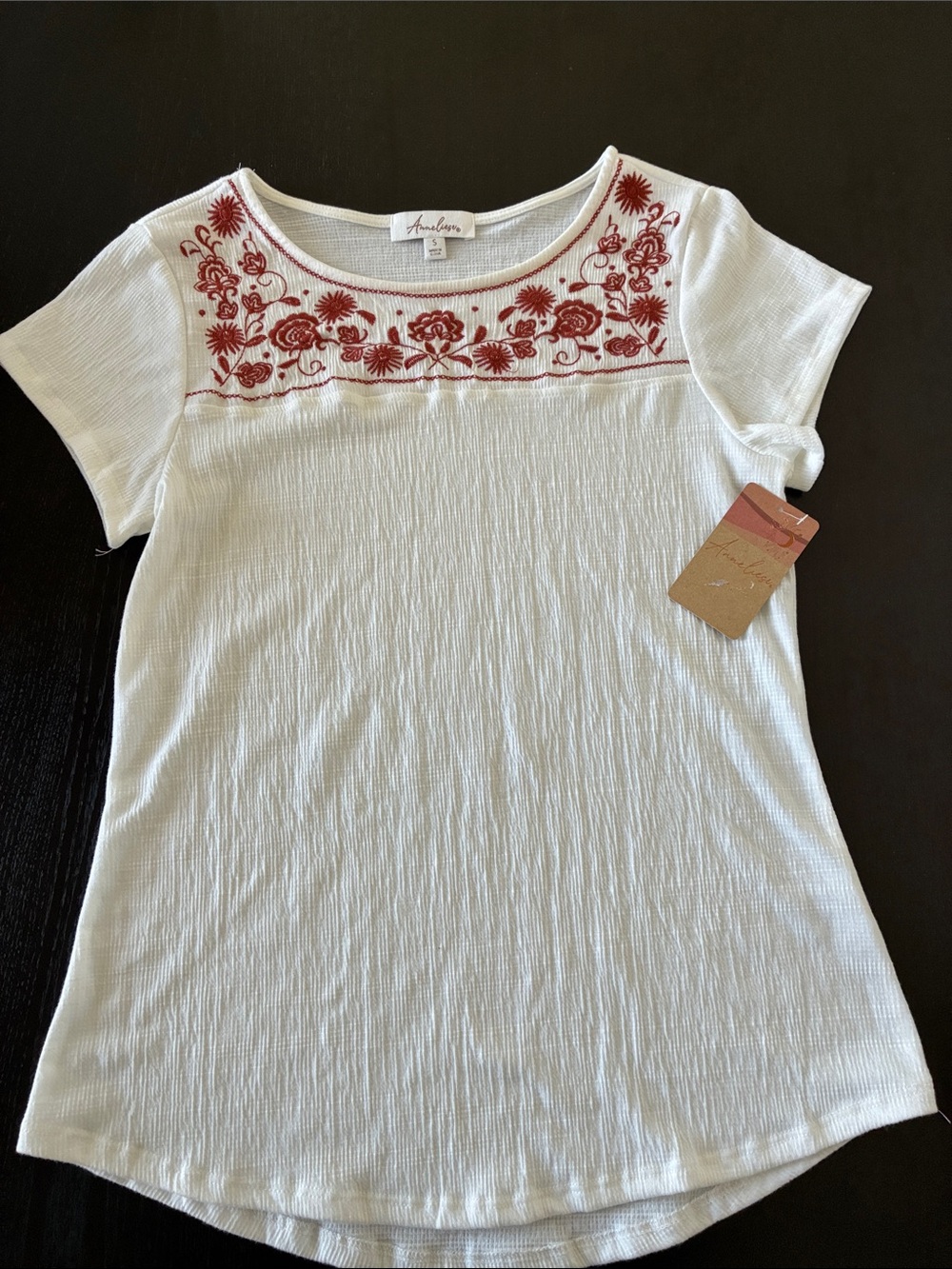 Annaliese Ivory Short Sleeve Boho Top with Floral Embroidery- Small
